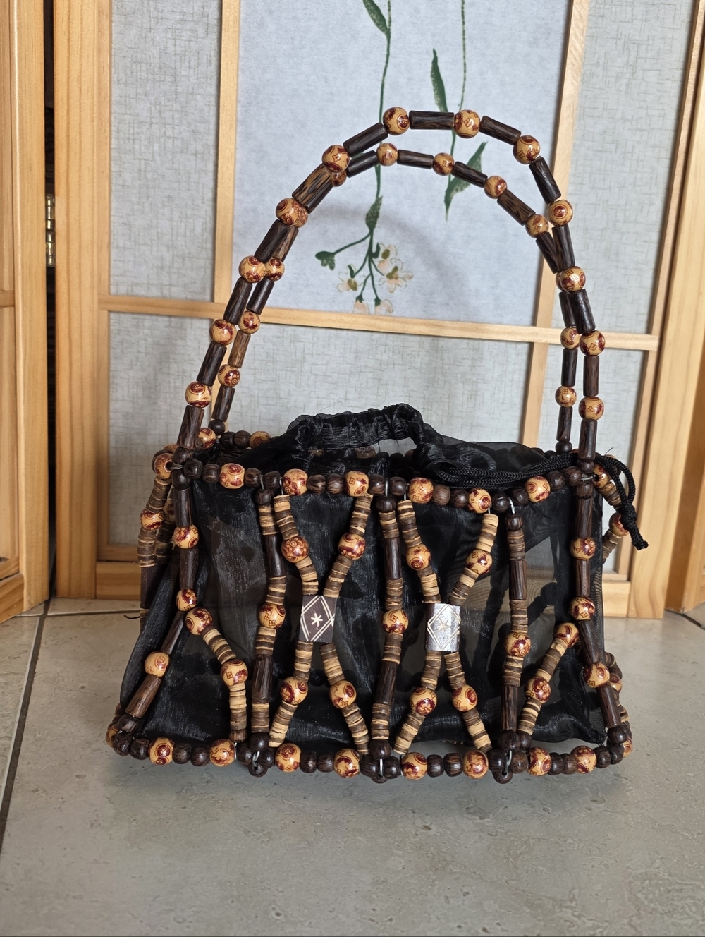Handmade Hawaii Wood Bead Purse Vintage Artisan Expandable Boho Statement Bag
